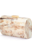 A rectangular clutch bag with a curved top and a gold-tone clasp, featuring a pleated design and a cream and beige marble pattern with brown veining, set against a plain white background.