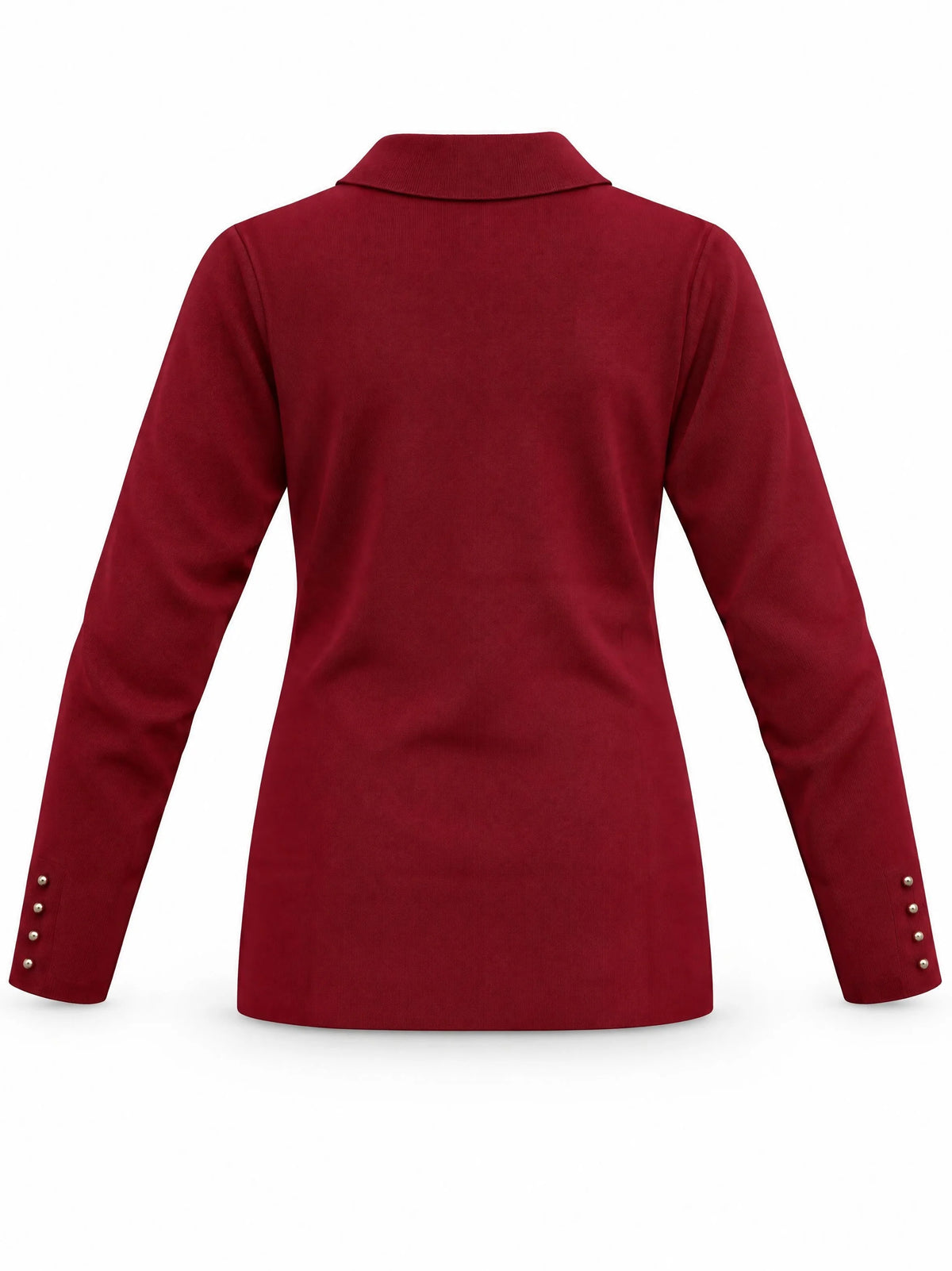 wine colored long sleeve top with gold stud details, back view