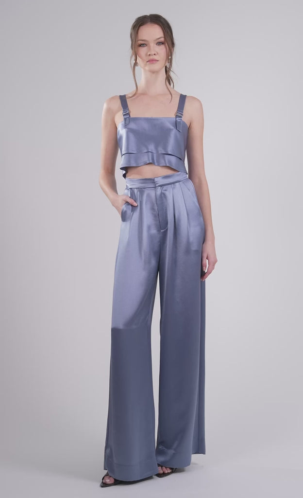 Woman modeling the Astrid Crop and Paris Pant in Steel Blue