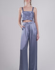 Woman modeling the Astrid Crop and Paris Pant in Steel Blue