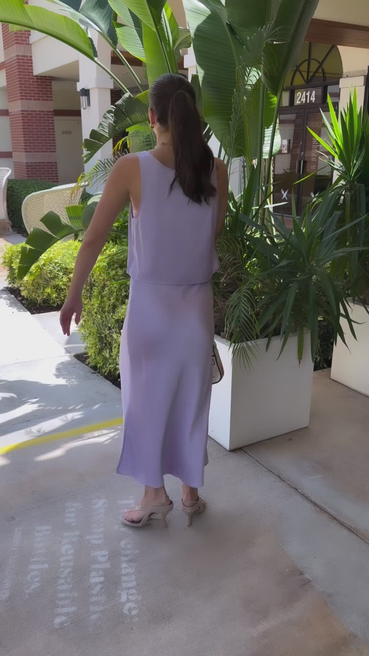 Lodi Cropped Tank Lilac and Model in Talia Charmeuse Skirt with beaded bag
