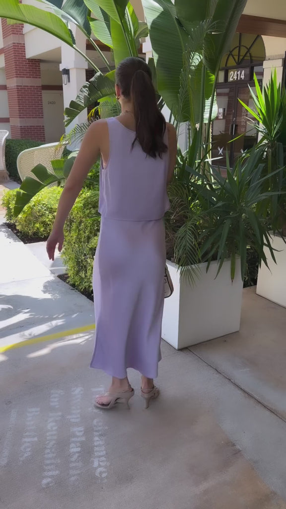 Lodi Cropped Tank Lilac and Model in Talia Charmeuse Skirt with beaded bag