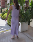 Lodi Cropped Tank Lilac and Model in Talia Charmeuse Skirt with beaded bag