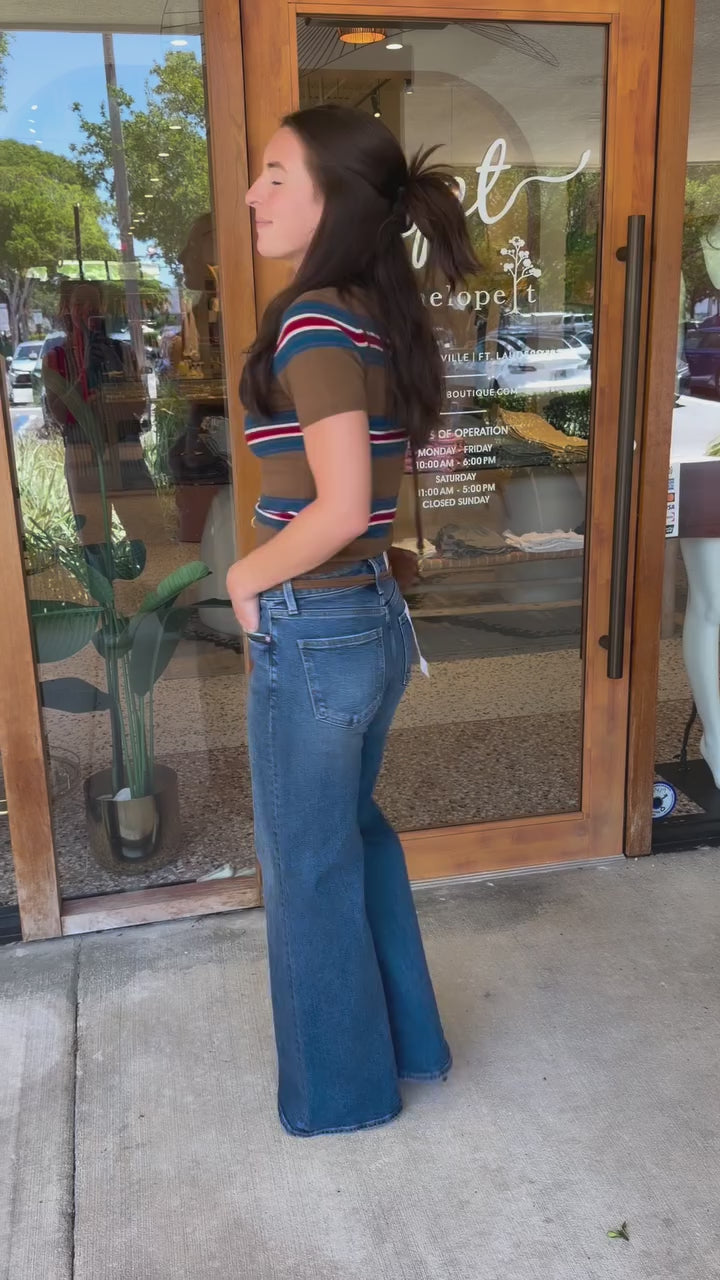 woman modeling the Easy Cashmere Tee with mid-wash denim