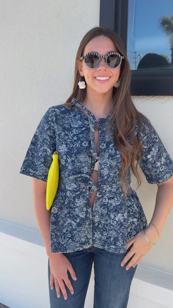 Tapestry Denim Peplum Blouse on model, front view