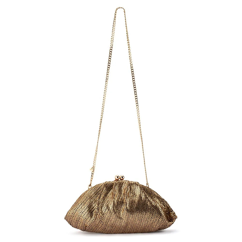 A metallic gold mesh clutch bag with a delicate gold chain shoulder strap, shown against a plain white background.