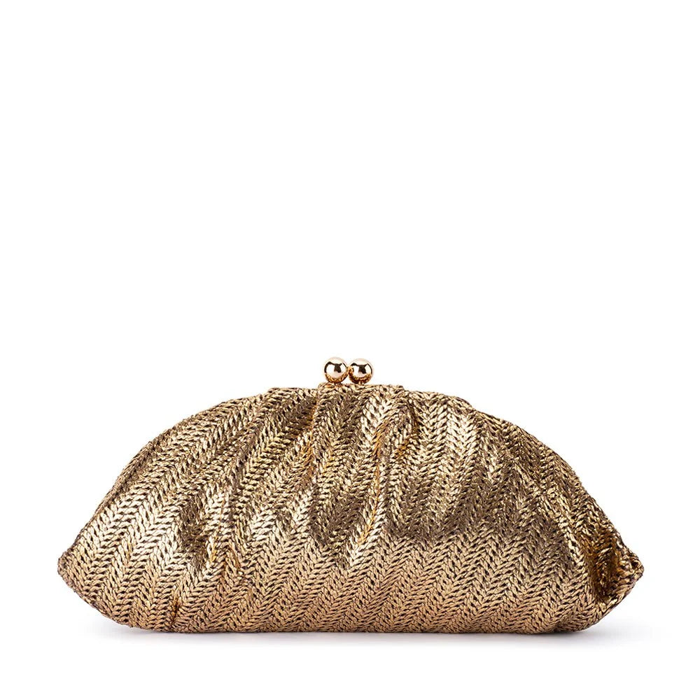 A metallic gold clutch bag with a textured woven pattern and a small gold metal clasp at the top, shown against a plain white background.
