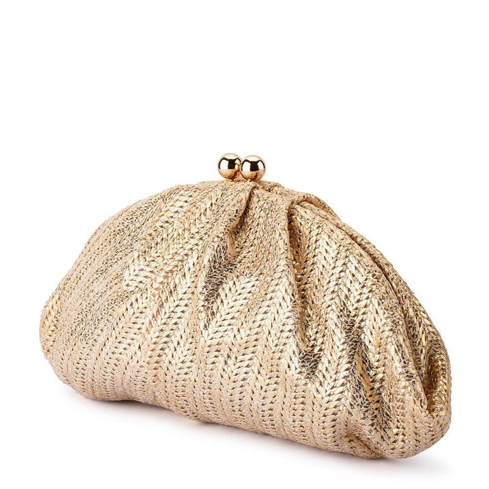 a metallic gold textured clutch bag against a plain white background.