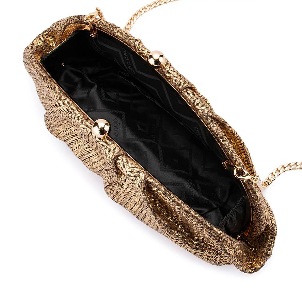 A gold metallic textured clutch bag with a black satin lining and gold-tone hardware, shown from an overhead angle on a white background.