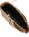 A gold metallic textured clutch bag with a black satin lining and gold-tone hardware, shown from an overhead angle on a white background.