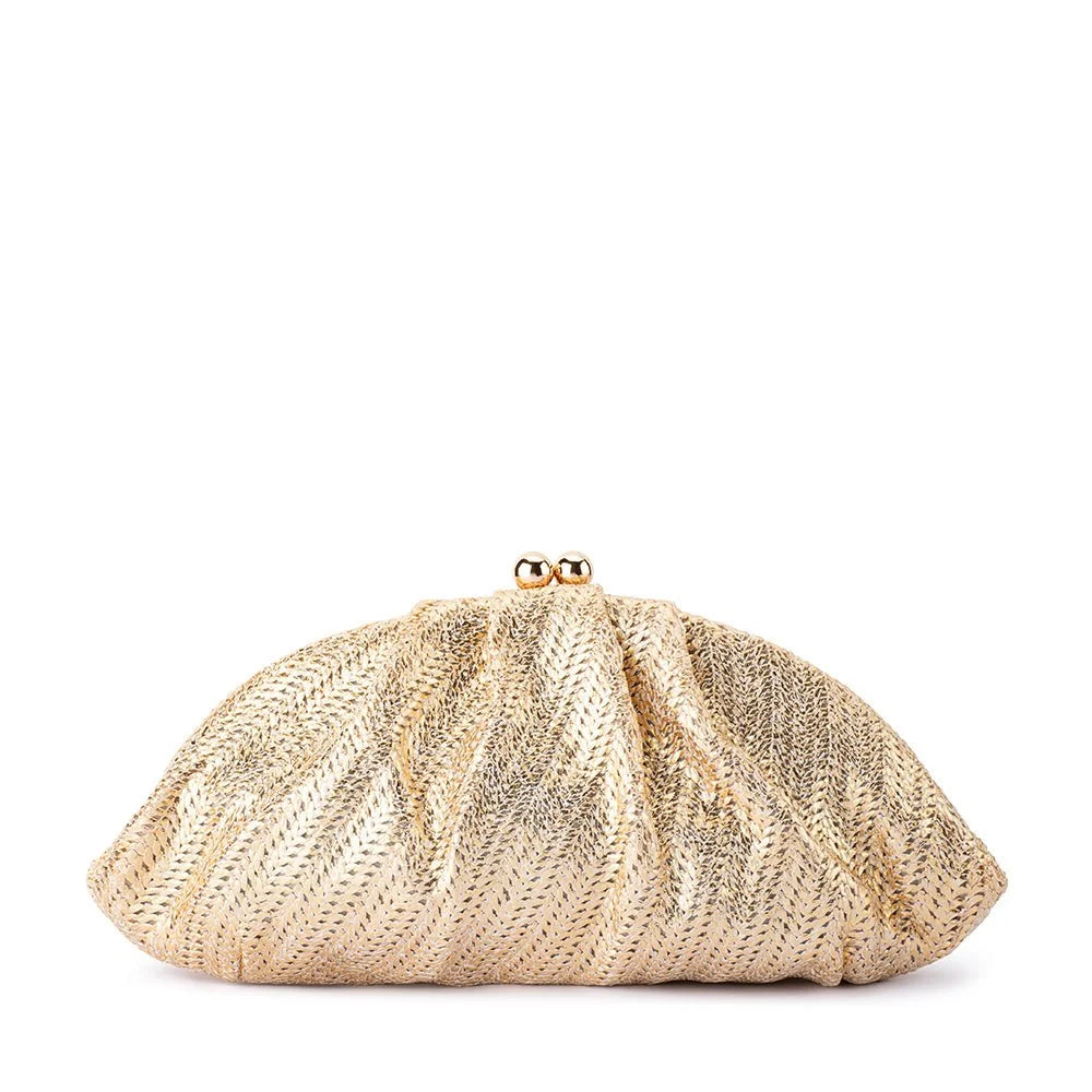 A gold metallic mesh clutch purse with a gathered, pleated design and a small gold metal clasp on top, shown against a plain white background.