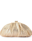 A gold metallic mesh clutch purse with a gathered, pleated design and a small gold metal clasp on top, shown against a plain white background.