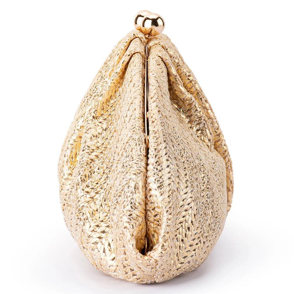 A gold metallic textured clutch bag with a teardrop silhouette and a gold metal clasp at the top, shown on a plain white background.