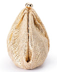 A gold metallic textured clutch bag with a teardrop silhouette and a gold metal clasp at the top, shown on a plain white background.