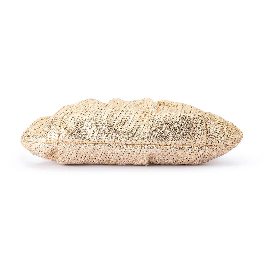 A metallic gold textured clutch purse with a crinkled, pleated design, shown from the bottom on a plain white background.