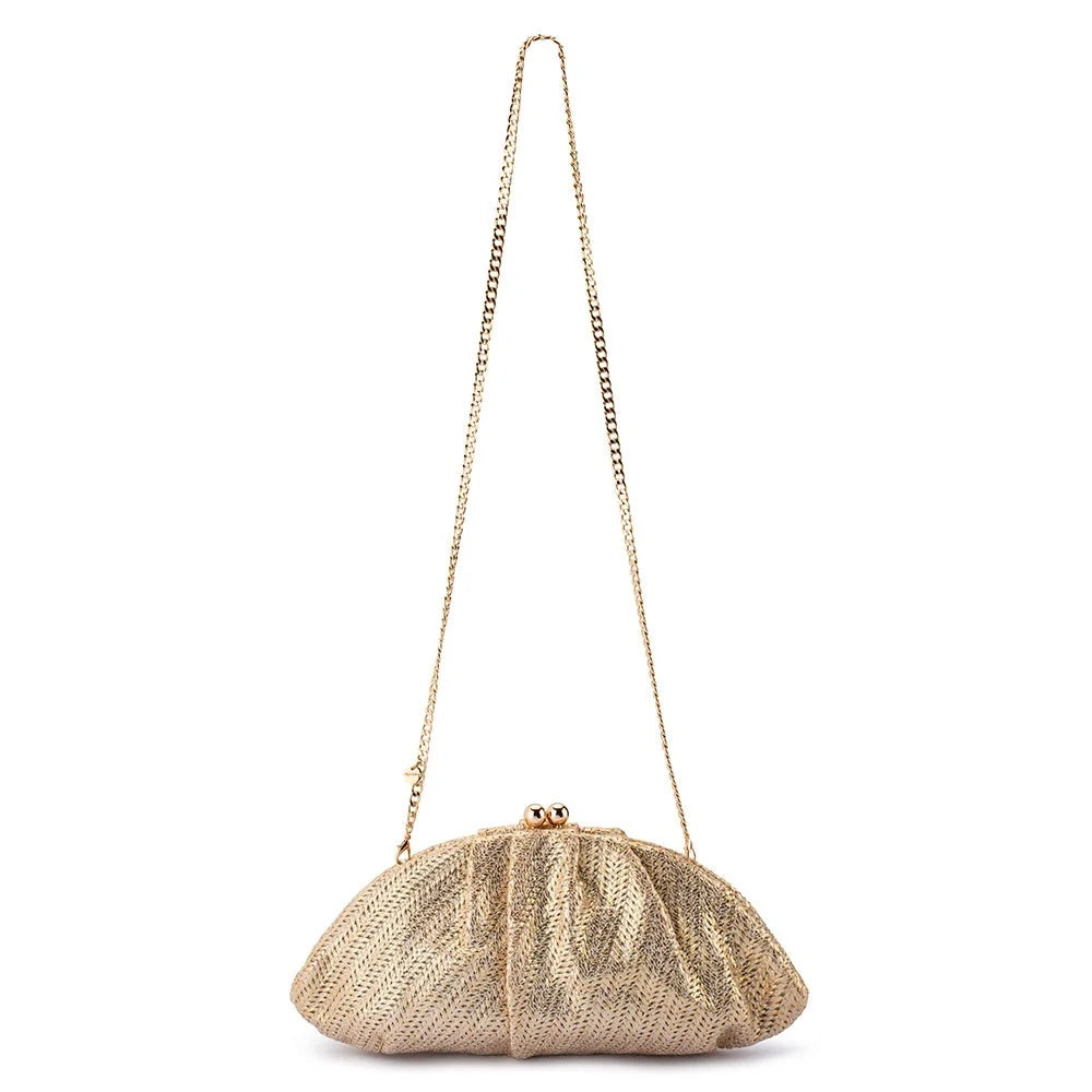 A gold metallic mesh clutch handbag with a delicate gold chain shoulder strap, set against a plain white background.