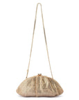 A gold metallic mesh clutch handbag with a delicate gold chain shoulder strap, set against a plain white background.