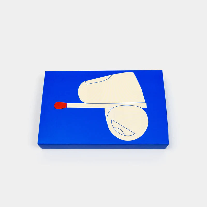 Blue rectangular object with a white and red design on a white background