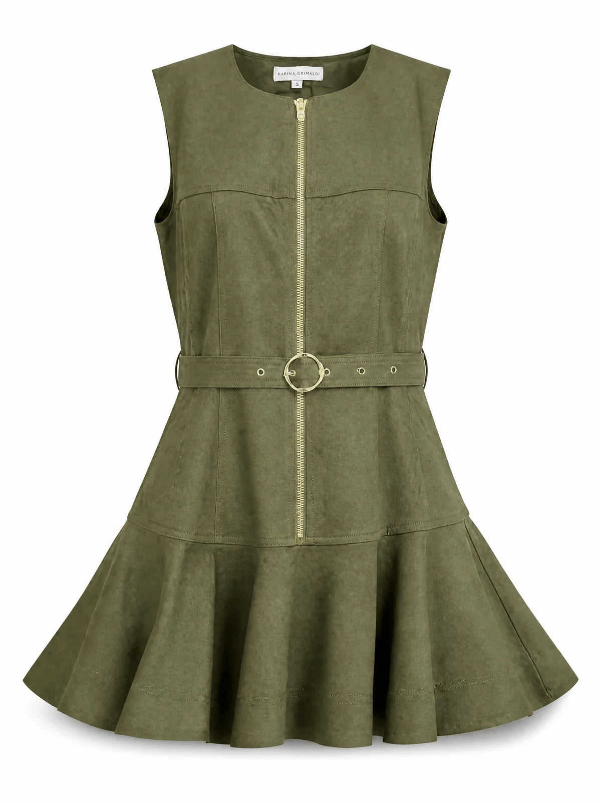 An olive green sleeveless dress with a front zipper, a matching waist belt with a gold-tone ring buckle, and a flared skirt, shown against a plain white background.