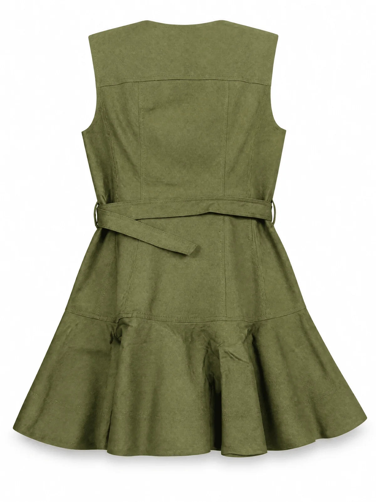 An olive green sleeveless dress with a matching waist tie belt, shown from the back against a plain white background.