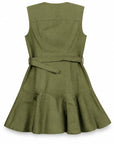 An olive green sleeveless dress with a matching waist tie belt, shown from the back against a plain white background.