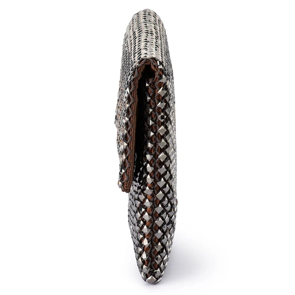 A woven clutch bag with a textured pattern of silver and brown woven material, shown from a side profile view on a white background.