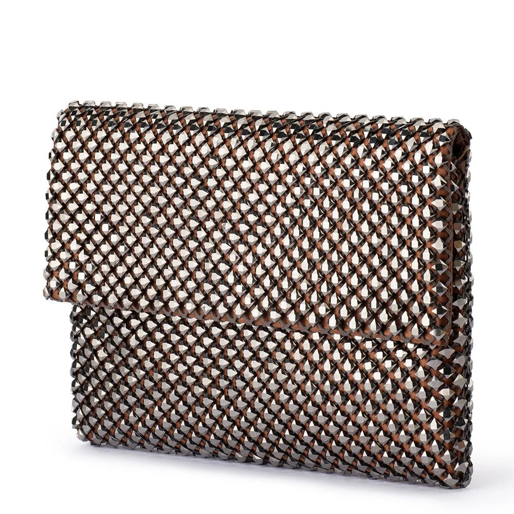 A rectangular clutch bag with a brown pattern and a metallic silver diamond mesh overlay, shown on a plain white background.