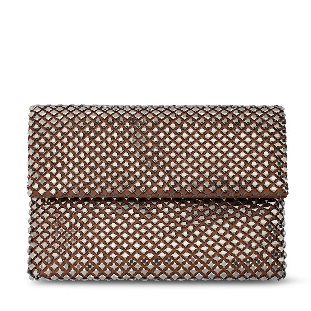 A rectangular clutch bag with a brown pattern and a metallic silver diamond mesh overlay, shown on a plain white background.