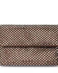 A rectangular clutch bag with a brown pattern and a metallic silver diamond mesh overlay, shown on a plain white background.