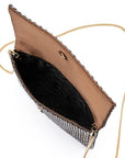 A top-down view of a woven clutch bag with a textured black and silver pattern, a tan interior lining, gold-tone hardware, and a thin gold chain strap on a white background.