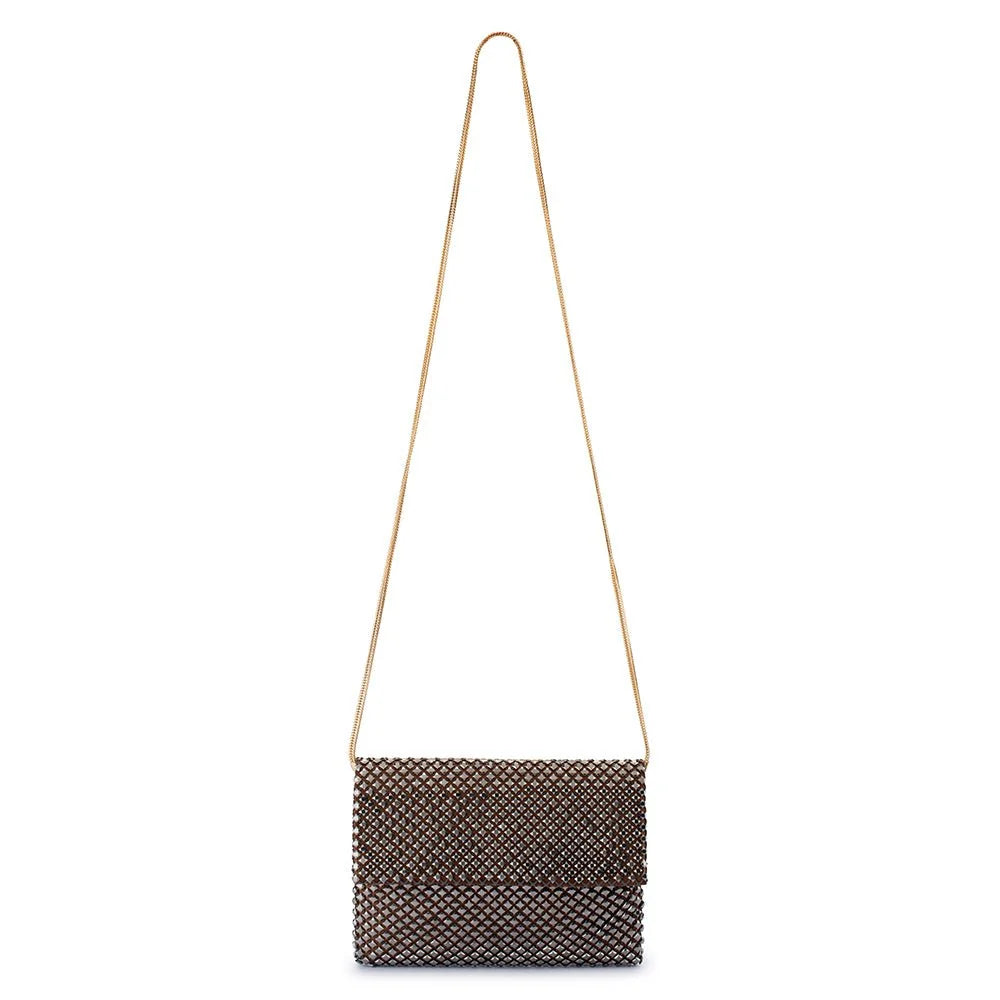 A rectangular clutch bag with a brown pattern and a metallic silver diamond mesh overlay on a long gold chain, shown on a plain white background.