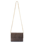 A rectangular clutch bag with a brown pattern and a metallic silver diamond mesh overlay on a long gold chain, shown on a plain white background.