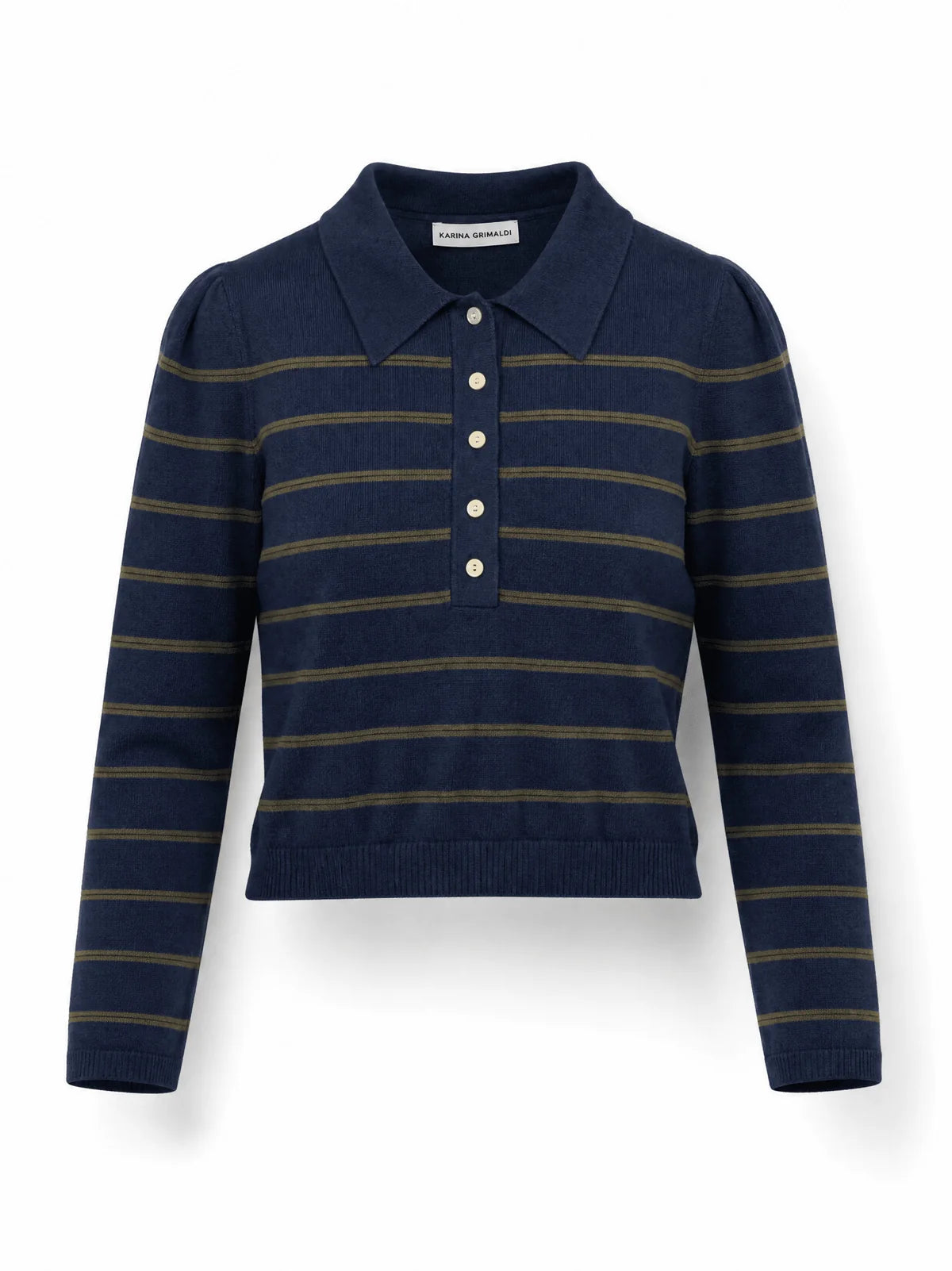 A navy blue knit polo sweater with thin olive green horizontal stripes and a buttoned collar, shown on a clean white background.