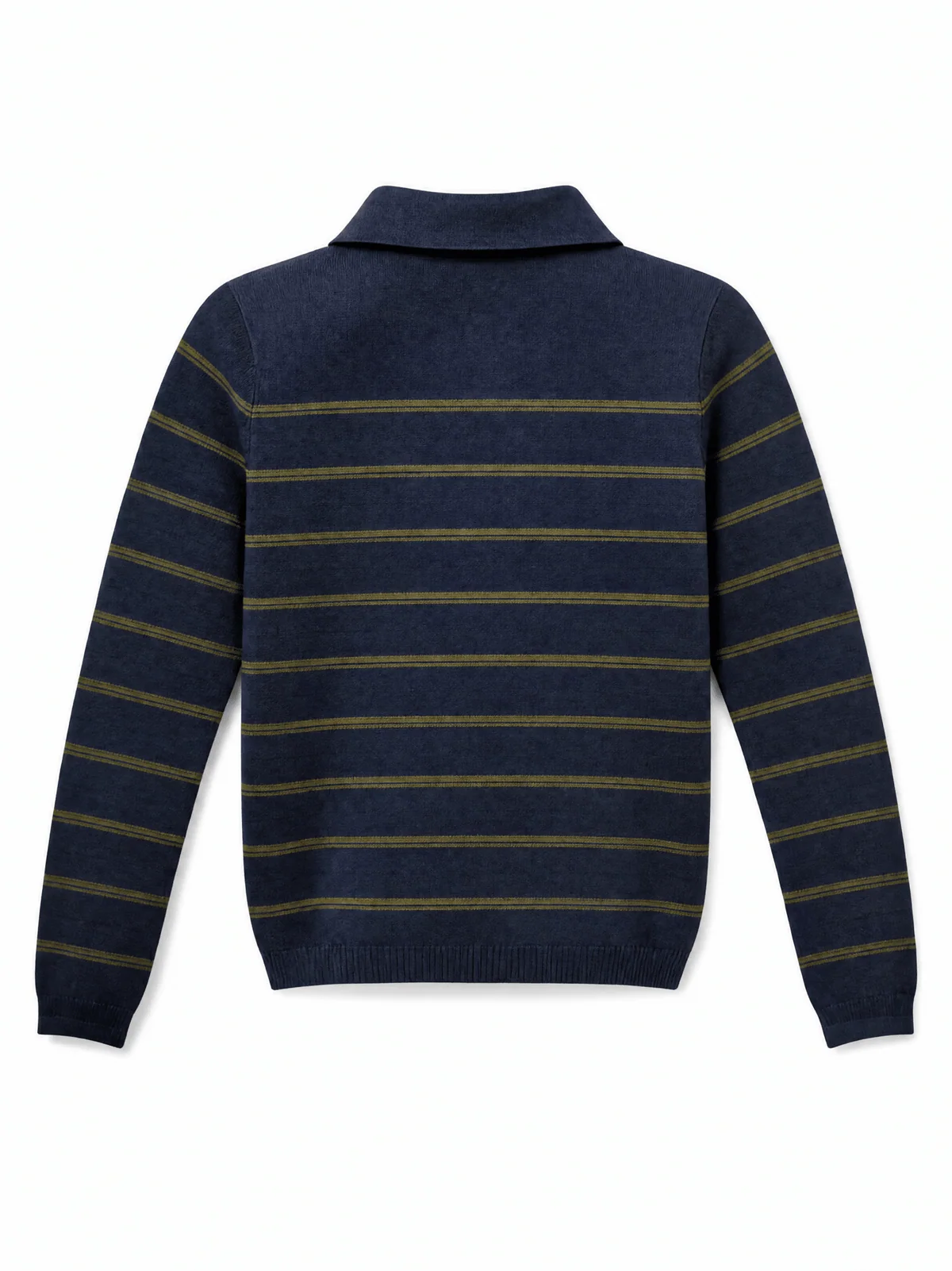 A navy blue knit sweater with horizontal olive green stripes, shown from the back on a clean white background.