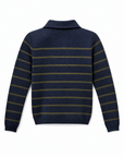 A navy blue knit sweater with horizontal olive green stripes, shown from the back on a clean white background.