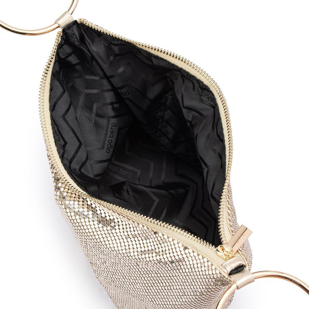 Silver mesh clutch with gold zipper on a white background