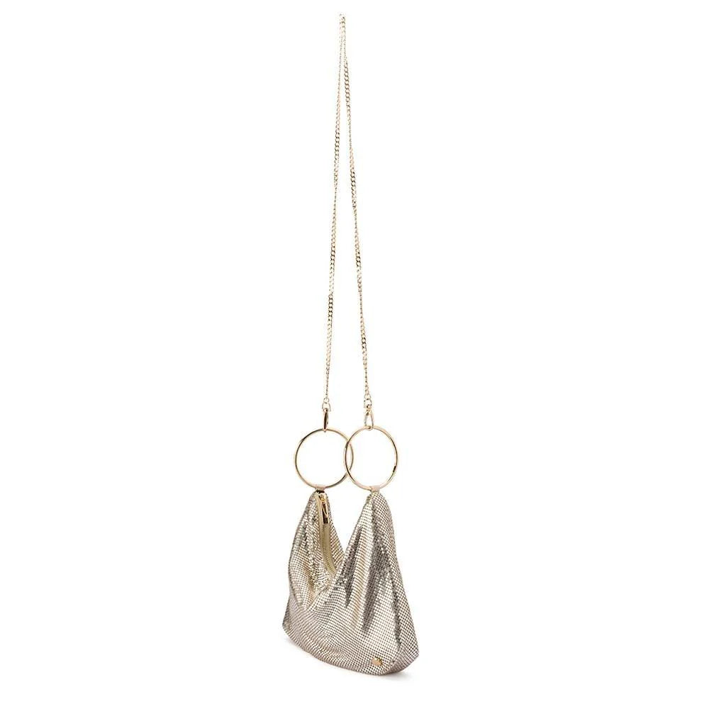 Metallic handbag with a chain strap on a white background