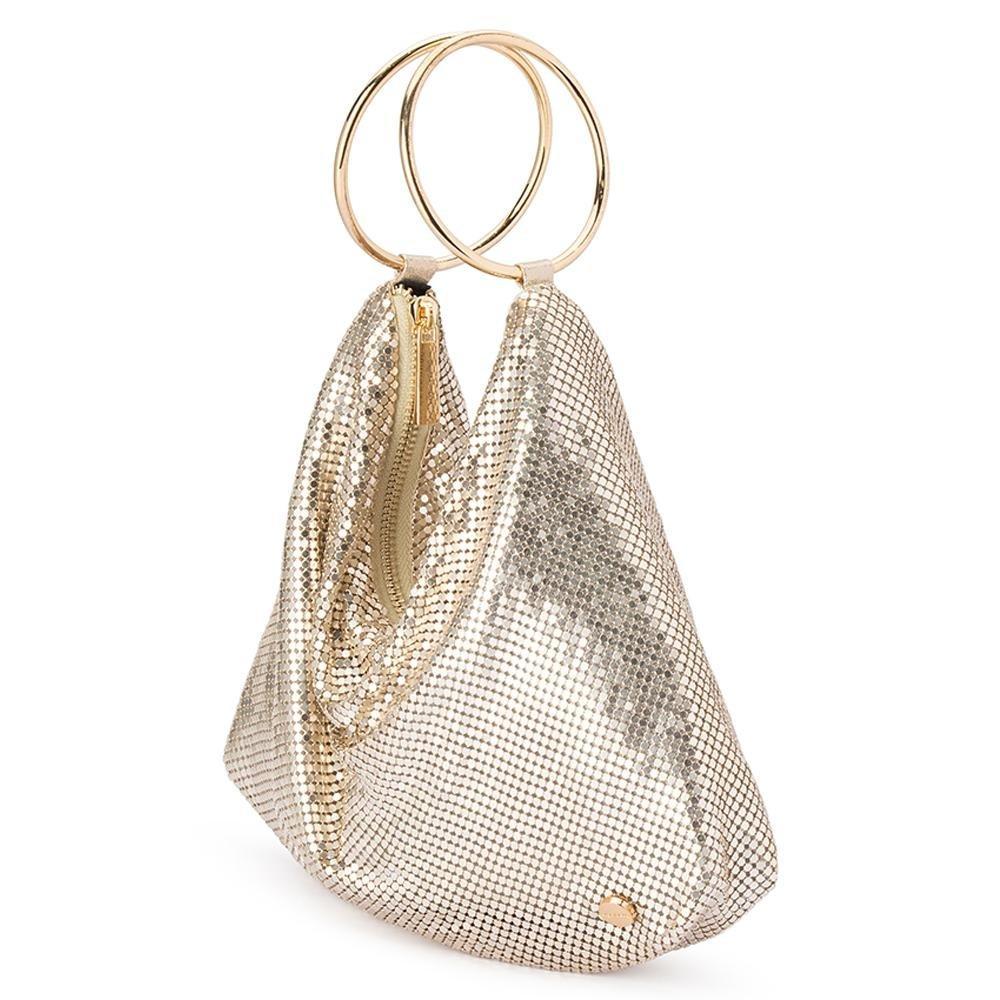 Gold mesh handbag with circular handles on a white background