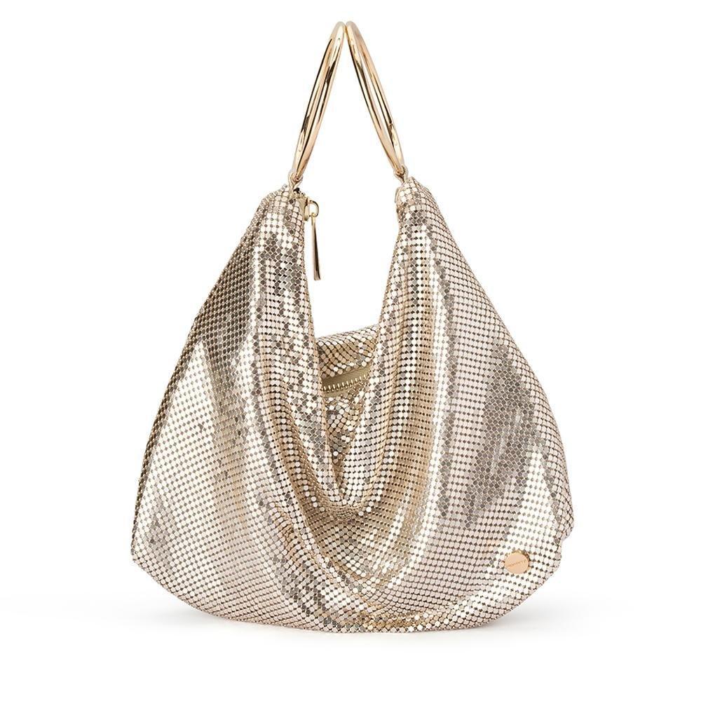 Gold mesh handbag on a white background