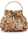 A gold-toned sequined handbag with a single round metal top handle and a small chain detail, photographed on a clean white background.