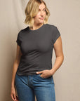 Sheryl Tee in Vintage Black close up front view on model