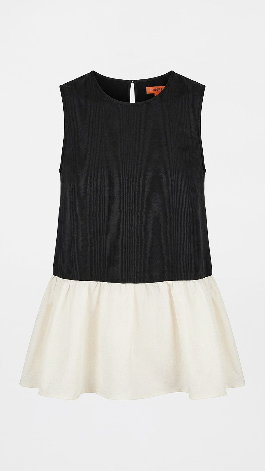 A sleeveless color-block dress with a black textured top and an off-white flared skirt, shown against a plain light gray background.