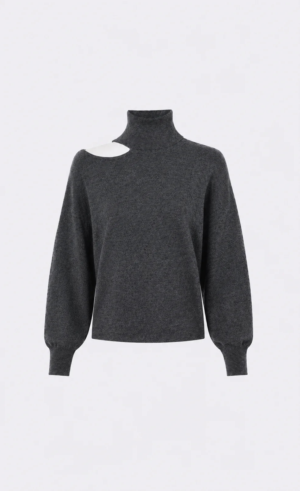 A dark gray knit turtleneck sweater with a unique diagonal cutout on the left shoulder, displayed on a clean white background.