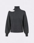 A dark gray knit turtleneck sweater with a unique diagonal cutout on the left shoulder, displayed on a clean white background.