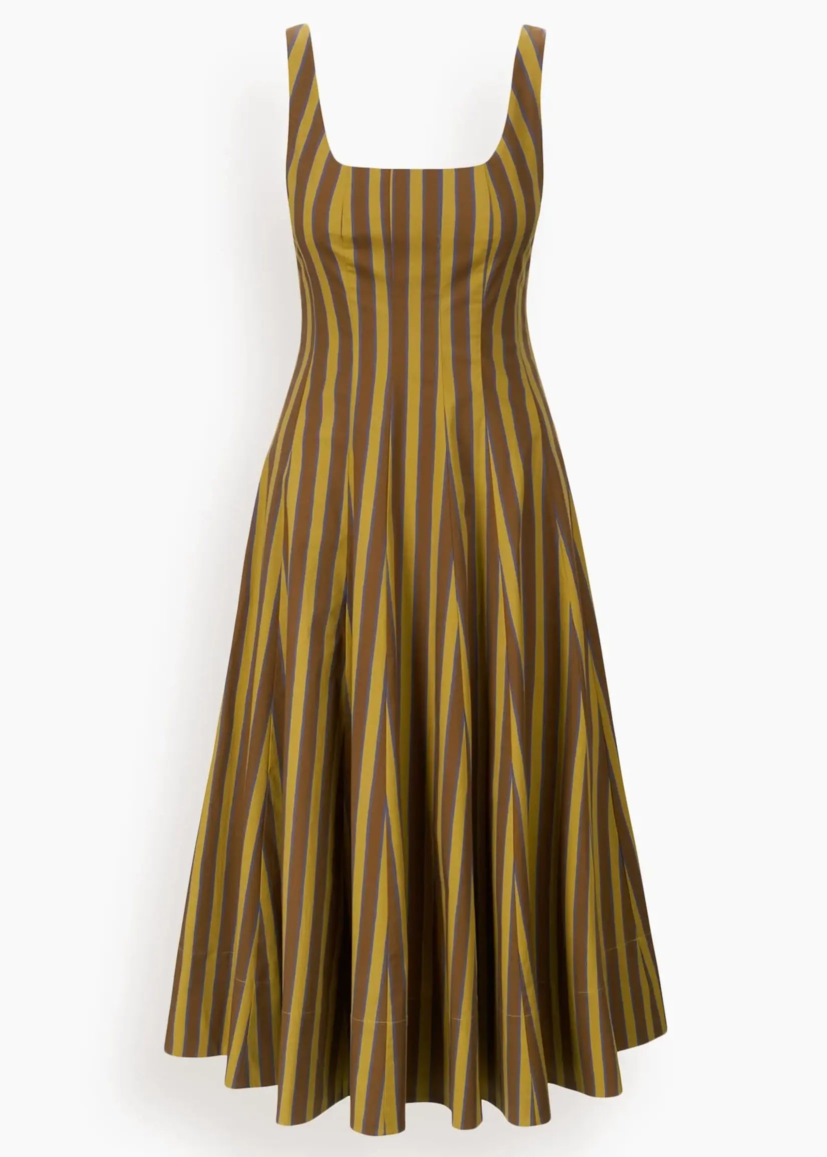 A sleeveless midi dress with a square neckline and a flared skirt, featuring vertical wavy stripes in olive green, mustard yellow, and brown on a white background.