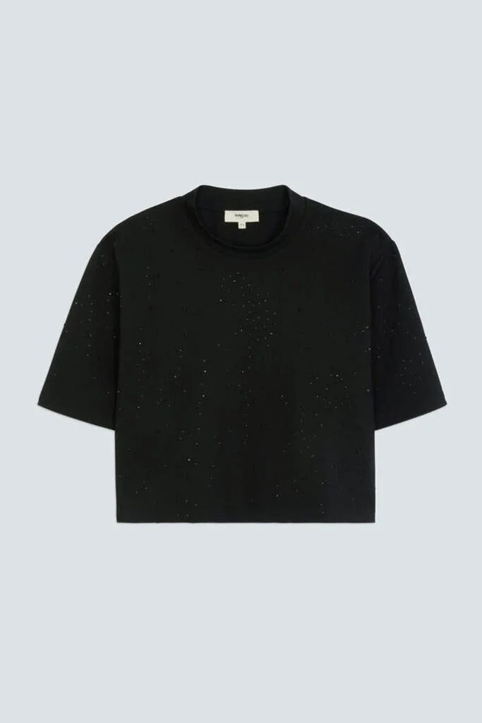 A black short-sleeve crewneck t-shirt with subtle all over rhinestones, displayed flat against a light gray background.