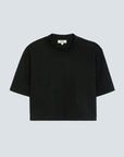 A black short-sleeve crewneck t-shirt with subtle all over rhinestones, displayed flat against a light gray background.