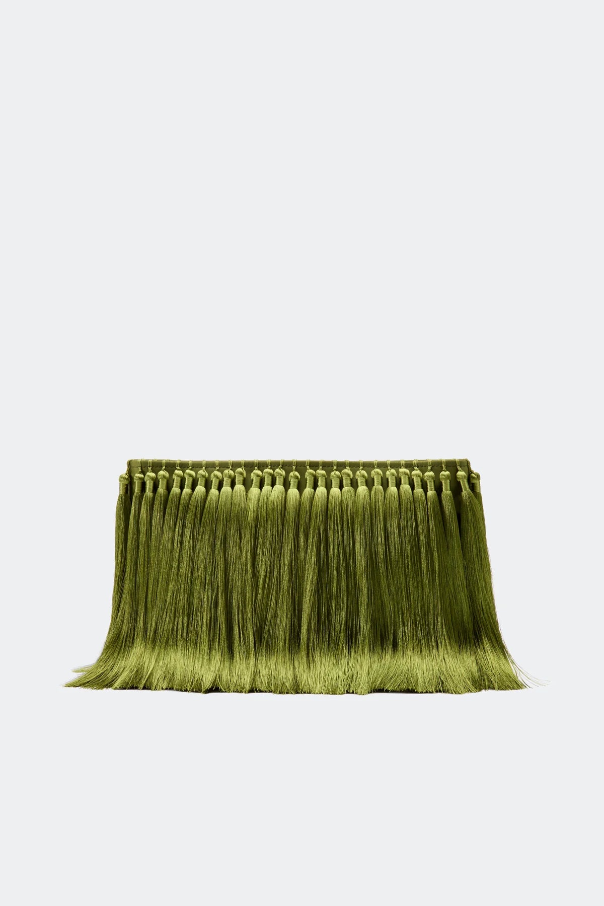Green fringe fabric clutch on a white background