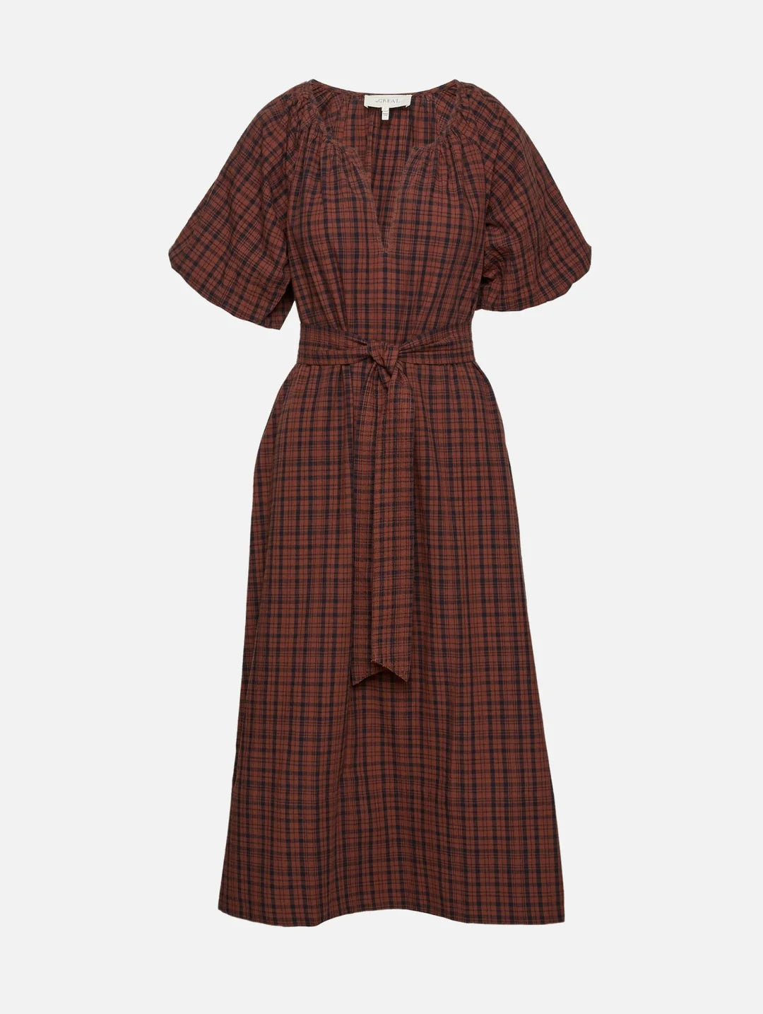 A short-sleeved midi dress with a red and black plaid pattern, featuring a tie waist belt and puff sleeves, shown against a light gray background.