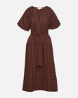 A short-sleeved midi dress with a red and black plaid pattern, featuring a tie waist belt and puff sleeves, shown against a light gray background.